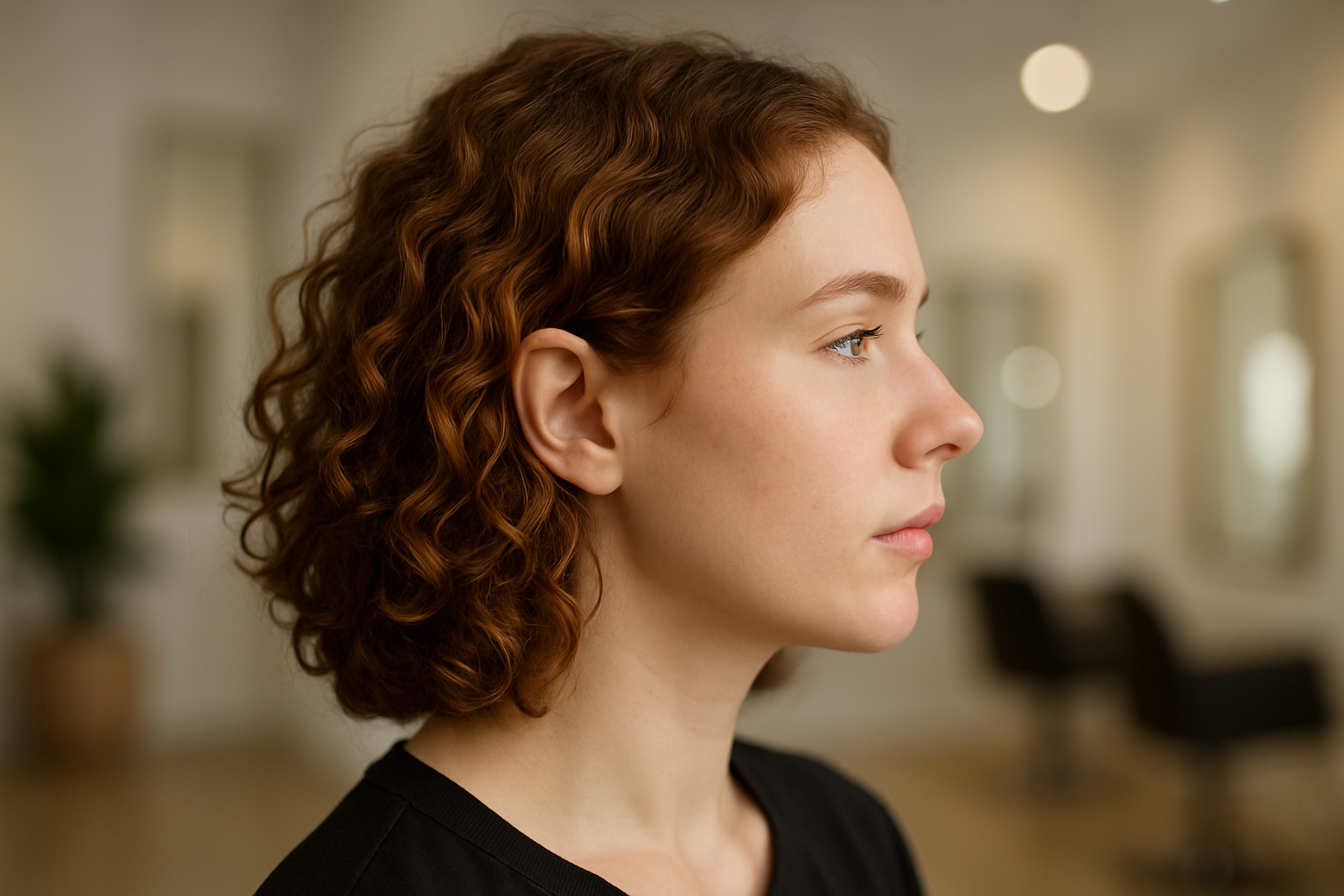 Portrait de profil d’une femme européenne aux cheveux bouclés dans un salon lumineux au fond flou