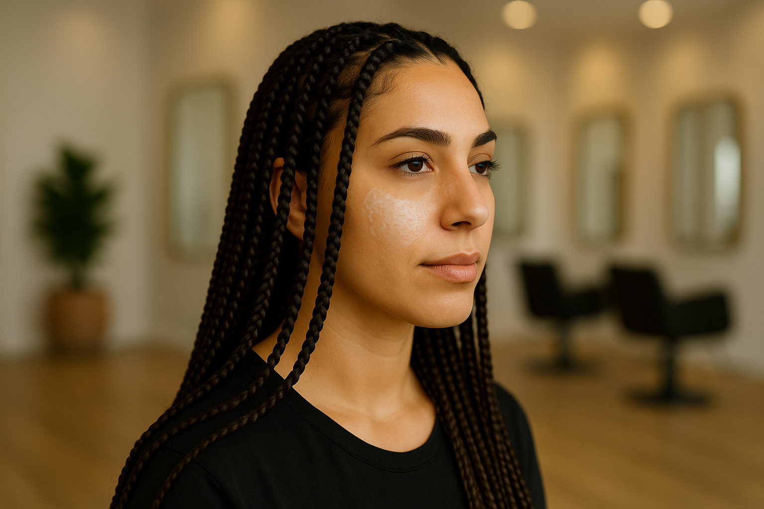 Portrait horizontal d’une femme italienne aux longues tresses serrées dans un salon coiffure avec arrière-plan flou