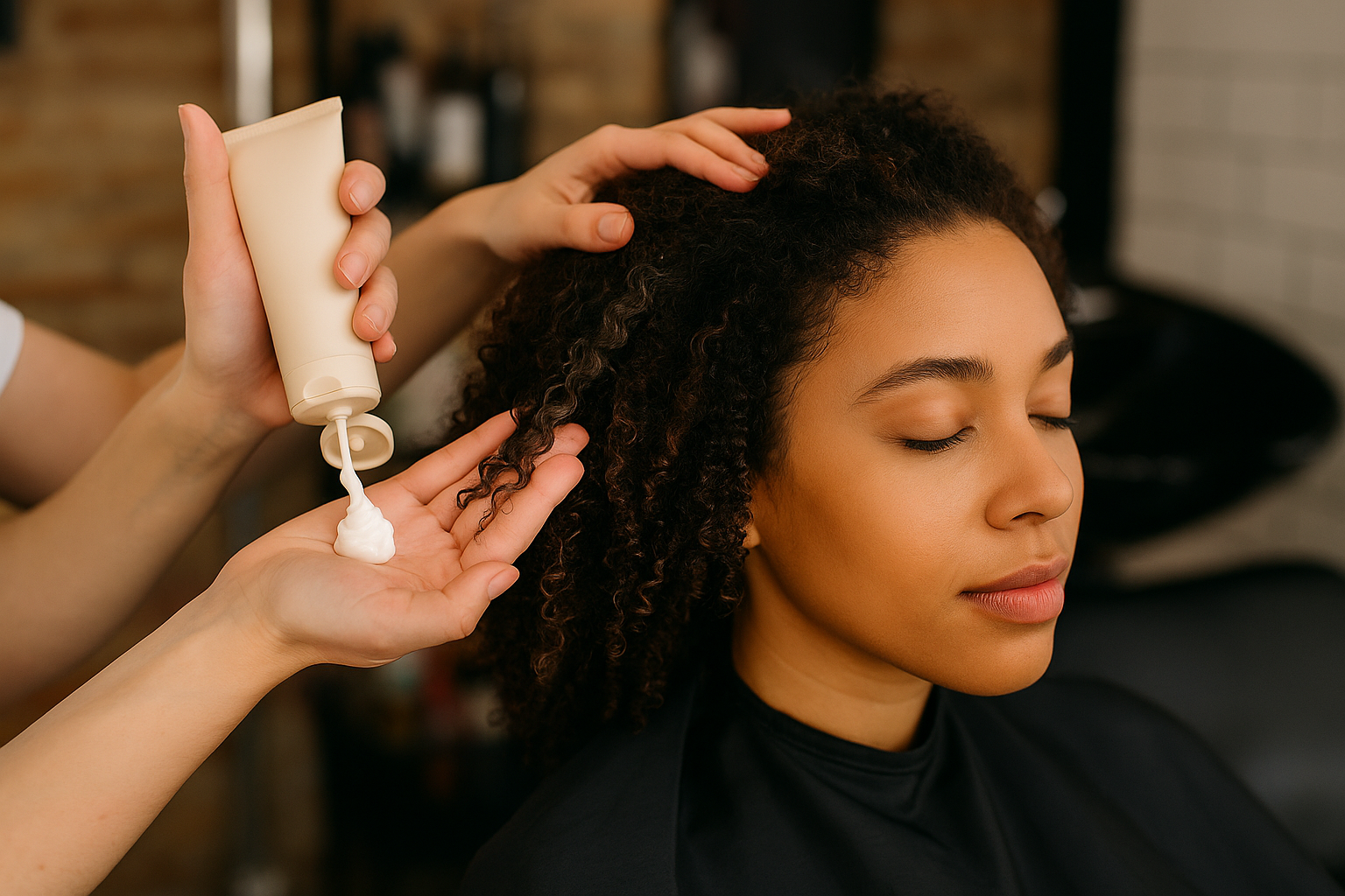 Portrait horizontal d’un homme recevant un soin avec masque facial couvrant tout son visage dans un salon coiffure, arrière-plan flou